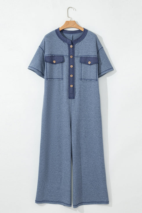 Half Placket Chest Pockets Short Sleeve Wide Leg Jumpsuit